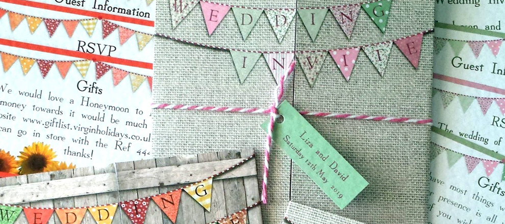 bunting hessian twine wood sunflowers wedding invite