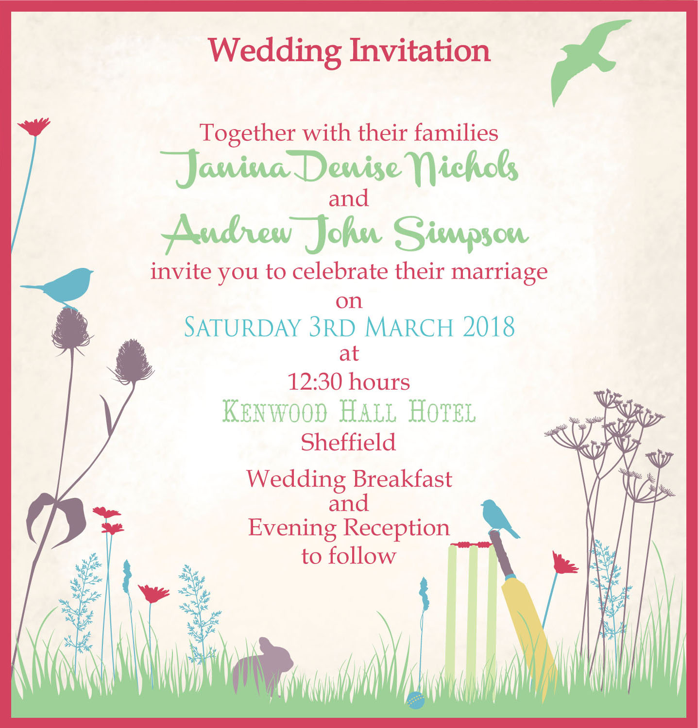 english meadow cricket wedding invite