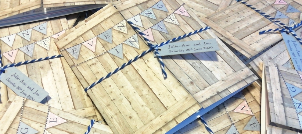 bunting wood blue barn door wedding invite
